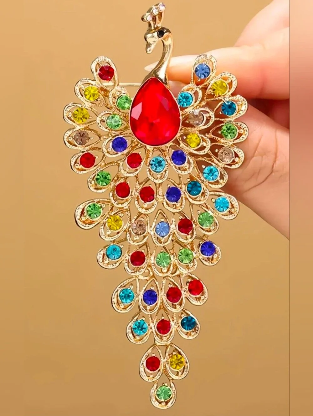 Gold-Tone Multicolor Peacock Brooch with Red Center Stone